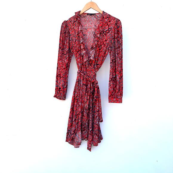 Maje Red Floral Printed Wrap Dress Mini Feminine Cotton Size 3 Large Boho - Picture 2 of 7